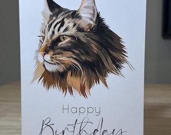 Maine coon cat birthday card, Maine coon card, Cat birthday card, cat card, Personalised cat card, 7x5 inch card, Animal birthday card