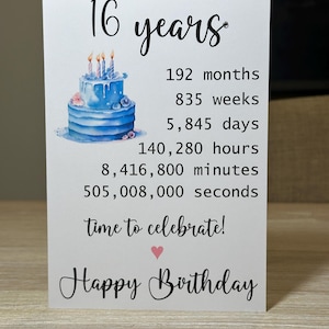 16th Birthday card, Age Birthday card, age card in days weeks months, Funny 16th birthday card, card for age birthday, 16th card for her