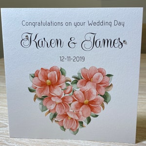 Personalised wedding card - wedding card with names - heart wedding card - magnolia heart wedding card