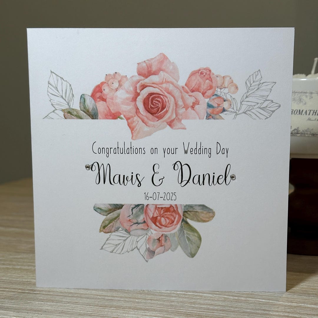 Personalised Wedding Card, Pink Flowers Wedding Card, Wedding Day Card ...