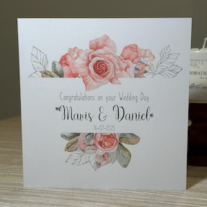 Personalised wedding card, pink flowers wedding card, wedding day card, pink roses wedding card, personalised card for wedding day