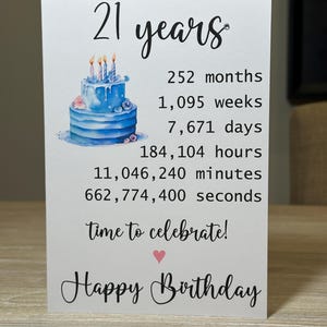 21st Birthday card, Personalised 16th Birthday card, AGE in weeks hours seconds birthday card, 7x5 inch card