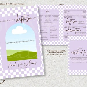 May include: A purple and white checkered program template for a baptism or confirmation ceremony. The front cover features a light blue sky with a white cloud, green hills, and the text "Welcome to the baptism of Jonah Lee Williams, March 15, 2025". The back cover features the text "Fourth article of faith".