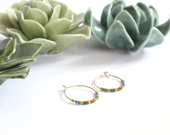 Forest - green hoop earrings brass earrings with Miyuki glass beads