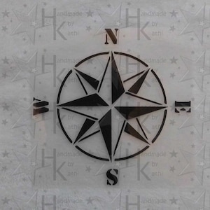 Könnte beinhalten: Schwarz-weiße Kompass-Schablone mit einem Sternmuster und den Buchstaben N, S, E und W. Die Schablone befindet sich auf einem weißen Hintergrund mit einem sich wiederholenden Sternmuster.