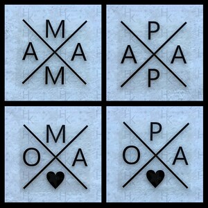 Könnte beinhalten: Vier schwarz-weiße Grafikdesigns mit einem Herzen in den beiden unteren Designs. Das Design oben links sagt "MAMA" mit den Buchstaben "M" und "A" gekreuzt. Das Design oben rechts sagt "PAPA" mit den Buchstaben "P" und "A" gekreuzt. Das Design unten links sagt "MOA" mit den Buchstaben "M" und "A" gekreuzt und einem schwarzen Herzen in der Mitte. Das Design unten rechts sagt "POA" mit den Buchstaben "P" und "A" gekreuzt und einem schwarzen Herzen in der Mitte.