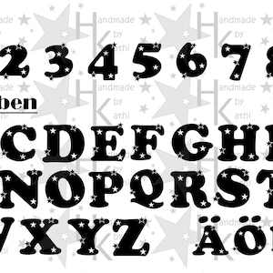 Könnte beinhalten: Schwarz-weiße Alphabet- und Zahlen Schriftart mit weißen Sternen. Die Schriftart ist fett und hat einen abgerundeten, Retro-Stil. Der Text lautet "Ziffern" und "Buchstaben".