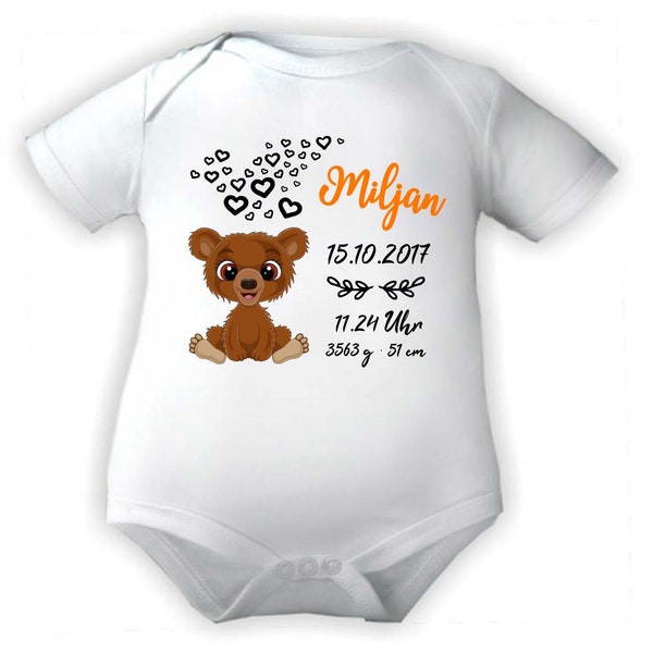 Baby Body kurzarm personalisiert mit Cute Bär und Geburtsdaten