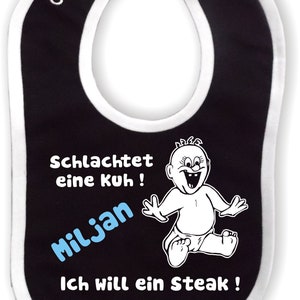 Baby bib with colored hem personalized I want a steak, individually printed with text, logo, photo