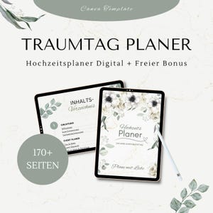 Könnte beinhalten: Zwei digitale Tablets mit einem Hochzeitsplaner. Der Text "TRAUMTAG PLANER" steht oben, darunter "Hochzeitsplaner Digital + Freier Bonus". Ein Tablet zeigt ein Inhaltsverzeichnis, das andere ein Blumendesign. Ein Stift liegt daneben.