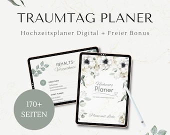Puede incluir: Dos tabletas digitales que muestran un planificador de bodas. El texto "TRAUMTAG PLANER" está en la parte superior, con "Hochzeitsplaner Digital + Freier Bonus" debajo. Una tableta muestra una tabla de contenidos, la otra un diseño floral. Un lápiz óptico está al lado.