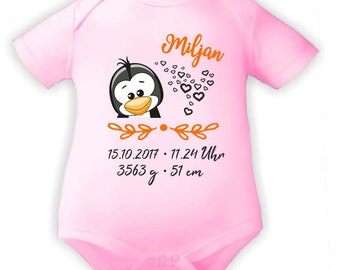 Baby Body kurzarm personalisiert mit Sweet Animal Pinguin und Geburtsdaten