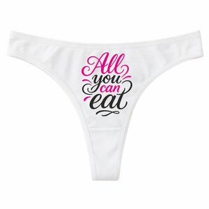 Damen String Tanga mit witzigen Motiv „All you can eat“ | Geschenk für Sie, Valentinstag, Hochzeit, JGA, Geburtstag, Junggesellinnenabschied