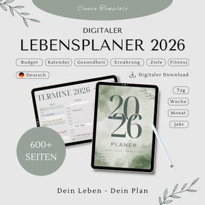 Digitaler Lebensplaner 2026 | Digital Planner 2026 iPad | Jahres Woche Monat Tagesplaner | Hyperlinked Goodnotes Notability PDF | 600 Seiten