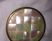 Beautiful Mother of Pearl MAX FACTOT Powder Compact (Empty) Pill Trinket Box Use Gold Toneon Back Nice Polished MOP