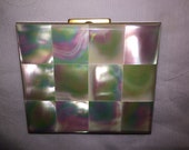 Beautiful 12 Square Mother of PEARL Depression Era RITZ Made in U S A Powder COMPACT Gold Tone w SCreen (loose mirror)