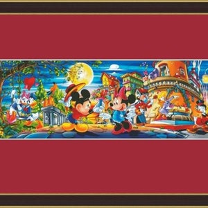 May include: A colourful illustration of Mickey Mouse and Minnie Mouse in a city setting. Mickey is wearing a red and yellow hat and Minnie is wearing a red and white polka dot dress. The illustration is framed in a red mount and a black frame.
