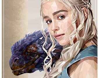 May include: A digital illustration of a woman with long, white, braided hair and a blue dress. She is looking to the side and a small, black, dragon-like creature is partially visible behind her.