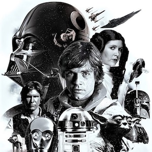 May include: Black and white illustration of characters from the Star Wars franchise, including Darth Vader, Luke Skywalker, Princess Leia, Han Solo, Chewbacca, R2-D2, C-3PO, Yoda, and Boba Fett. The image also includes the Millennium Falcon and X-Wing starfighters.
