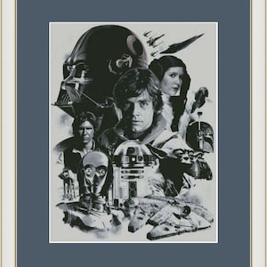 K&ouml;nnte beinhalten: Eine Schwarzwei&szlig;illustration von Charakteren aus dem Star Wars-Franchise. Darth Vader, Luke Skywalker, Prinzessin Leia, Han Solo, Chewbacca, R2-D2, C-3PO, Yoda und ein TIE-J&auml;ger sind alle auf dem Bild zu sehen.