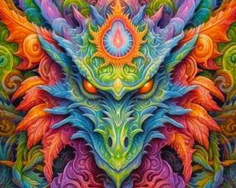 May include: A colourful, psychedelic dragon's head with intricate details and a third eye. The dragon's head is surrounded by swirling patterns and vibrant colours, creating a mesmerising and surreal image.