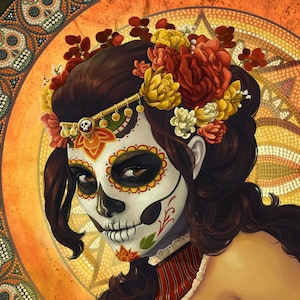 May include: A woman with dark hair wears sugar skull makeup with black eyes, red lips, and white and yellow floral details. She is wearing a gold headband with beads and a red and white striped collar. The background is a mosaic of orange, yellow, and brown with a skull pattern.