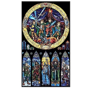 Può includere: Una finestra in vetro colorato che rappresenta la Compagnia dell'Anello de Il Signore degli Anelli. I personaggi sono in piedi su una montagna con un vulcano in eruzione sullo sfondo. L'iscrizione attorno al cerchio recita: "Un solo anello per regnare su tutti, Un solo anello per trovarli, Un solo anello per attirarli tutti, e nell'oscurità legarli."