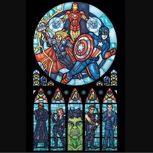 May include: A stained glass window design featuring the Avengers. The top half of the window shows Iron Man, Captain America, and Thor in a circular stained glass design. The bottom half of the window shows Black Widow, Hulk, Hawkeye, and Nick Fury in individual stained glass panels.