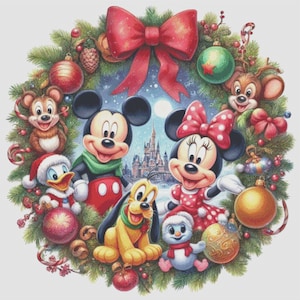 May include: A Christmas wreath with a red bow and green garland. Mickey Mouse, Minnie Mouse, Donald Duck, Goofy, and Pluto are standing in front of the wreath. The wreath is decorated with baubles, candy canes, and holly.