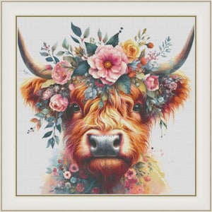 Hooglandkoe: geteld kruissteekpatroon in pdf-formaat. Digitaal ontwerp. Direct downloaden. DIY-kaart. Leuk hooglandkalfje. Aquarel. Bloemen