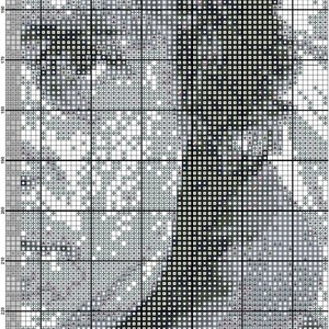 K&ouml;nnte beinhalten: Schwarzwei&szlig;es Pixel-Art-Design eines menschlichen Gesichts. Das Design besteht aus kleinen Quadraten, die jeweils einen anderen Grauton haben.