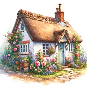 Acogedora cabaña inglesa - Pdf . Patrón de punto de cruz contado . Diseño digital . Descarga instantánea . Cabaña . Flores . Acuarela . Gráfico DIY