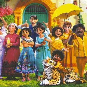 May include: A group of animated characters stand in front of a building with a green door. The characters are wearing colorful clothing and smiling. A yellow umbrella is held by one of the characters. A jaguar is sitting on the ground with a child on its back.