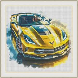 May include: A vibrant yellow sports car illustration with a black hood and accents. The car features sleek lines, a low profile, and red-detailed wheels. The artwork has a watercolor effect, with a white border.