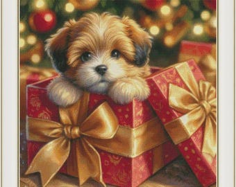 May include: A cute puppy with brown and black fur peeks out of a red gift box with a gold bow. The box is open, revealing the puppy's face and paws. The background features a Christmas tree with ornaments.