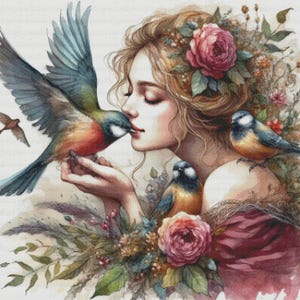 Birdy - PDF. Korsstygnsmönster. Digital design. Direkt nedladdning. Fåglar. Kvinna. Blommor. Flicka. Mes. DIY-diagram