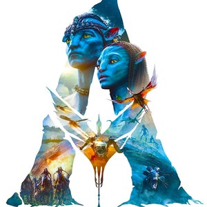 May include: A blue and orange poster with an image of two blue-skinned people with large eyes and pointed ears. The image is set against a white background and the people are standing in front of a large, abstract shape that resembles the letter "A".