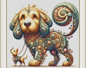 May include: A detailed illustration of a dog and a smaller dog on a leash, both with ornate, colorful patterns. The larger dog has a curly tail and detailed fur. The artwork is framed in a white border.