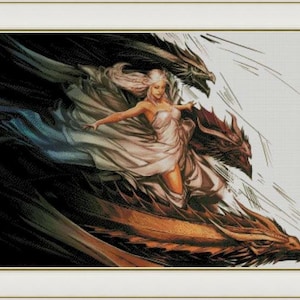 May include: A woman with long white hair rides on the back of three dragons. The dragons are different colors: black, brown, and red. The woman is wearing a white dress and has a determined expression on her face.