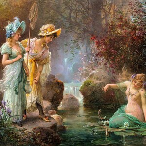 May include: A painting of three women in a forest setting. Two women in long dresses stand by a stream, while a third woman sits on a lily pad in the water. The women are surrounded by lush greenery and flowers.
