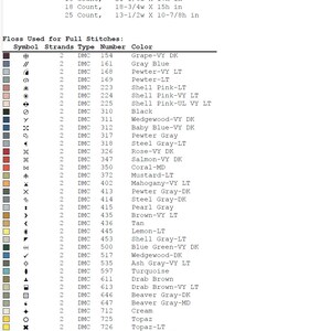 May include: A color chart for cross-stitch embroidery with a list of DMC floss colors and their corresponding names. The chart includes colors like grape, gray, pink, black, brown, tan, turquoise, and more.