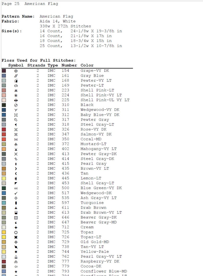 May include: A color chart for cross-stitch embroidery with a list of DMC floss colors and their corresponding names. The chart includes colors like grape, gray, pink, black, brown, tan, turquoise, and more.