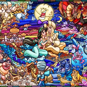 May include: A stained glass style illustration of characters from the Disney movie Aladdin. The scene features Aladdin and Jasmine flying on a magic carpet, with Genie, Abu, and Jafar in the background. The image is vibrant and colorful, with a whimsical and magical feel.