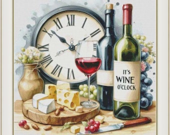 May include: A still life painting of a clock, two bottles of wine, a glass of red wine, cheese, grapes, and a knife. The bottles of wine have labels that say "It's Wine O'Clock".