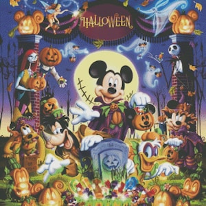 May include: A Halloween-themed illustration featuring Mickey Mouse dressed as a vampire, surrounded by other Disney characters including Goofy, Donald Duck, and Jack Skellington. The illustration is set against a dark blue background with a full moon and a banner that reads "HALLOWEEN".