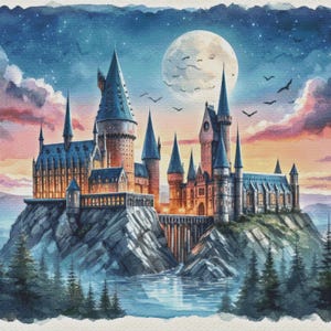 May include: A watercolour painting of Hogwarts School of Witchcraft and Wizardry, a large castle with many towers, set against a night sky with a full moon. The castle is perched on a rocky cliff overlooking a body of water.