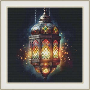 May include: A decorative hanging lantern with a detailed, ornate design. The lantern features stained glass windows in shades of red, yellow, and blue, with a metallic frame. The image has a dark background with glowing light effects.