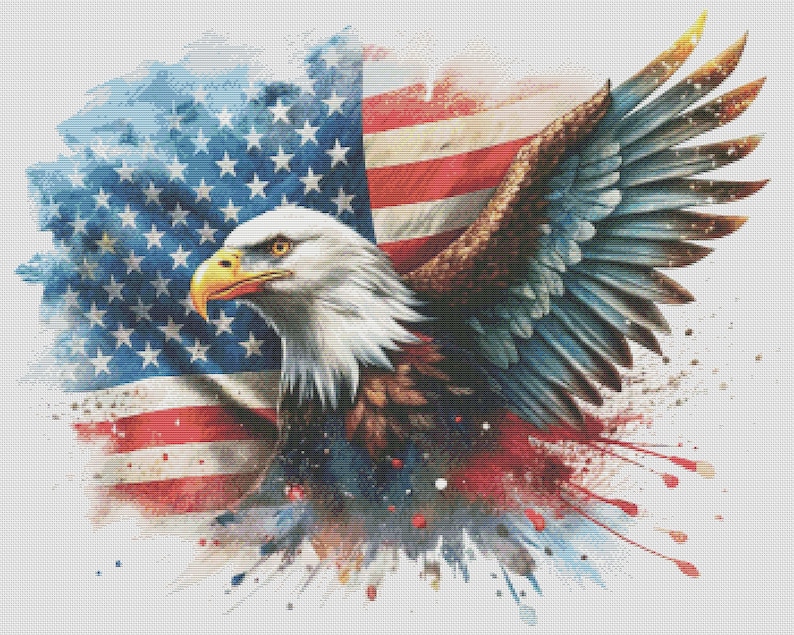 May include: A bald eagle with its wings spread wide, soaring above a watercolor-style American flag with red, white, and blue colors. The eagle's head is turned to the side, looking towards the viewer.