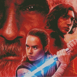 May include: A close-up image of three characters from the Star Wars franchise. The characters are Rey, Kylo Ren, and Luke Skywalker. Rey is holding a blue lightsaber, Kylo Ren is holding a red lightsaber, and Luke Skywalker is in the background. The image is in a red, orange, and yellow color scheme.