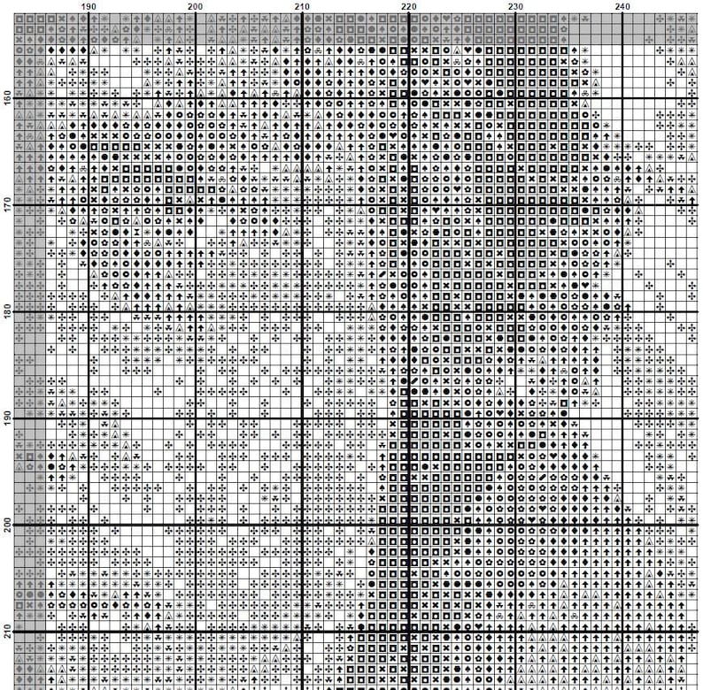 K&ouml;nnte beinhalten: Schwarzwei&szlig;es Pixel-Art-Design mit einer Vielzahl geometrischer Formen, darunter Quadrate, Kreise, Dreiecke und Rauten.